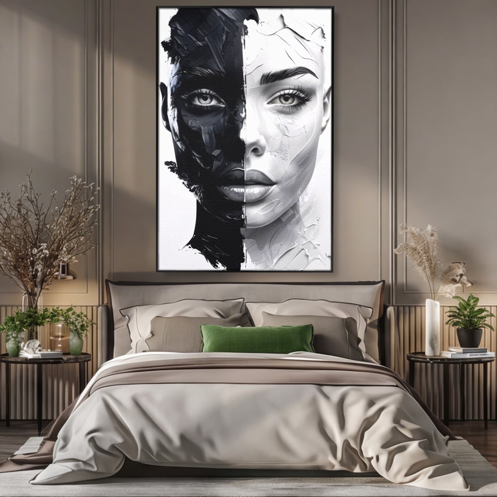 Tablou canvas cu tablou canvas cu chip de femeie in doua nuante, in rama de aluminiu negru, pe perete intr-un dormitor